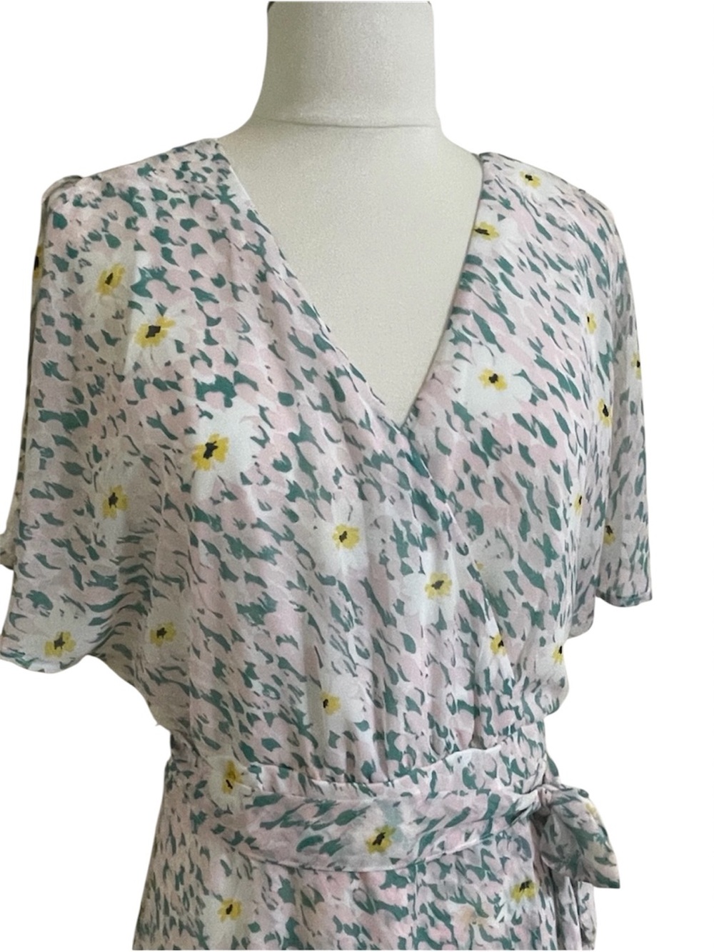 LUXOLOGY White Green Pink Abstract Floral Print Chiffon Faux Wrap Maxi Dress Sz8